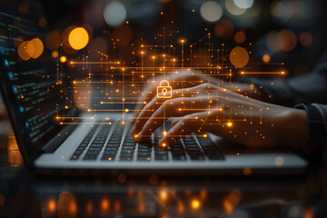 Digital security and cyber protection: hands on laptop with a padlock icon on transparent screen, hologram-style business data, dark background.