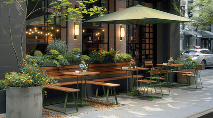 Poster - Outdoor seating areas, outdoor cafe tables with wooden bench tops and metal frames in black color, green umbrella frames, flower pots with plants and concrete planters. Generative AI.