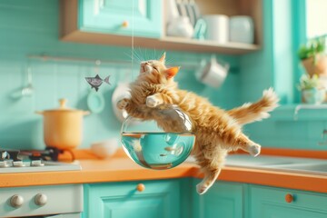 A cat is sitting in a fishbowl on a kitchen counter