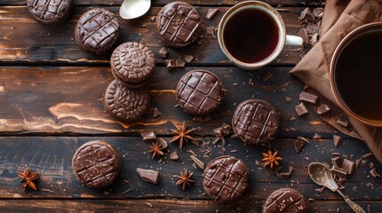 Wall Mural - Tasty choco pies and tea on wooden table, flat lay