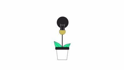 Poster - Growing lightbulb in flowerpot line 2D object animation. Creativity development support flat color cartoon 4K video, alpha channel. New idea and solution care animated item on white background