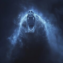 Wall Mural - the mouth of a bear with mist and blue light who comes out , epic