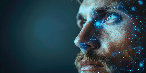 Poster - A masthead background image used for an AI based scam intervention cybersecurity company. face man. Generative AI.