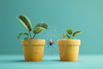 spider is crawling on a plant in a yellow pot