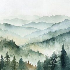 Sticker - watercolor painting of a serene landscape with subtle mountains, a few trees, and a white gradient at the top