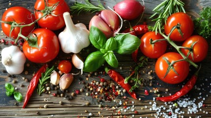 Canvas Print - Vegetables and seasonings on wood surface