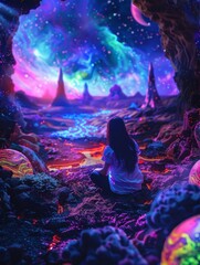 Canvas Print - space cinematic scene , woman , psychedelic , lsd , astral projection , darkness , neons