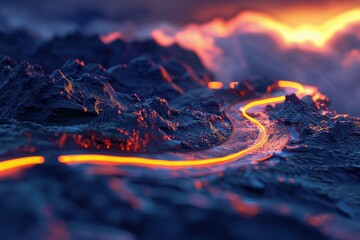 Wall Mural - A mountain range with a road that is lit up with red and orange lights