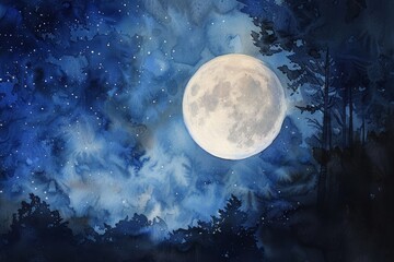 Wall Mural - stunning watercolor painting, full moon, night sky