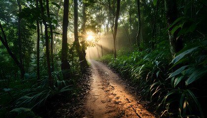 sunlight filters through the leaves of the trees, casting dappled light on the path.Sunrise Rainforest path is surrounded by trees and appears to be winding through a dense forest.