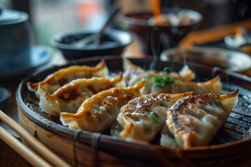 Sticker - Closeup of delicious panfried gyoza in a bamboo steamer, with steam and soft background