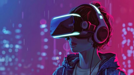 concept of virtual reality technology, graphic of a teenage gamer wearing VR head-mounted playing game 