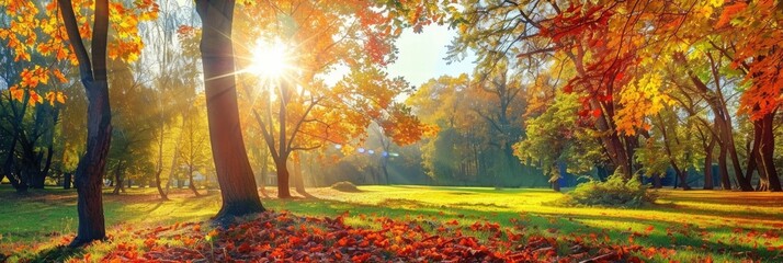 Wall Mural - September Scene. Vibrant Autumn Landscape with Multicolored Leaves in the Park