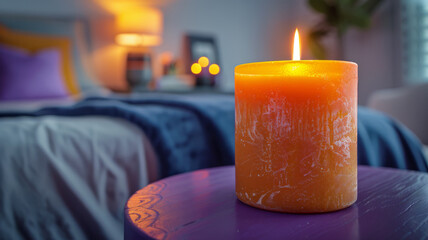 Wall Mural - Orange candle burning in a cozy bedroom with soft lighting