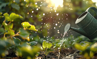 Leinwandbilder - Backyard scene with a watering can, watering vegetable plants, rich green leaves, sunlight filtering through the garden. Generative AI.