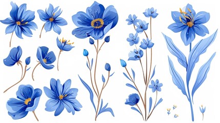 Blue flowers set isolated on white background. Hand-drawn illustration.