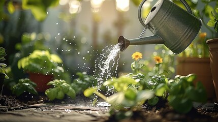 Leinwandbilder - Backyard scene with a watering can, watering vegetable plants, rich green leaves, sunlight filtering through the garden. Generative AI.