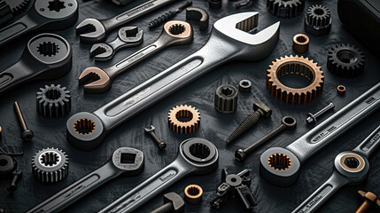 Poster - A car gearbox spare parts and wrenches on black background leave space. top view. Generative AI.