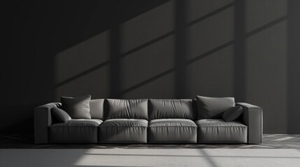 Poster - Fancy Room. Stylish Dark Living Room Interior with Gray Sofa and Modern Decor