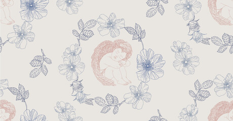 Wall Mural - Pattern with angel and roses in vintage style