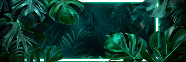 realistic dark green leaves on a neon frame background, positioned under the photo in the center.