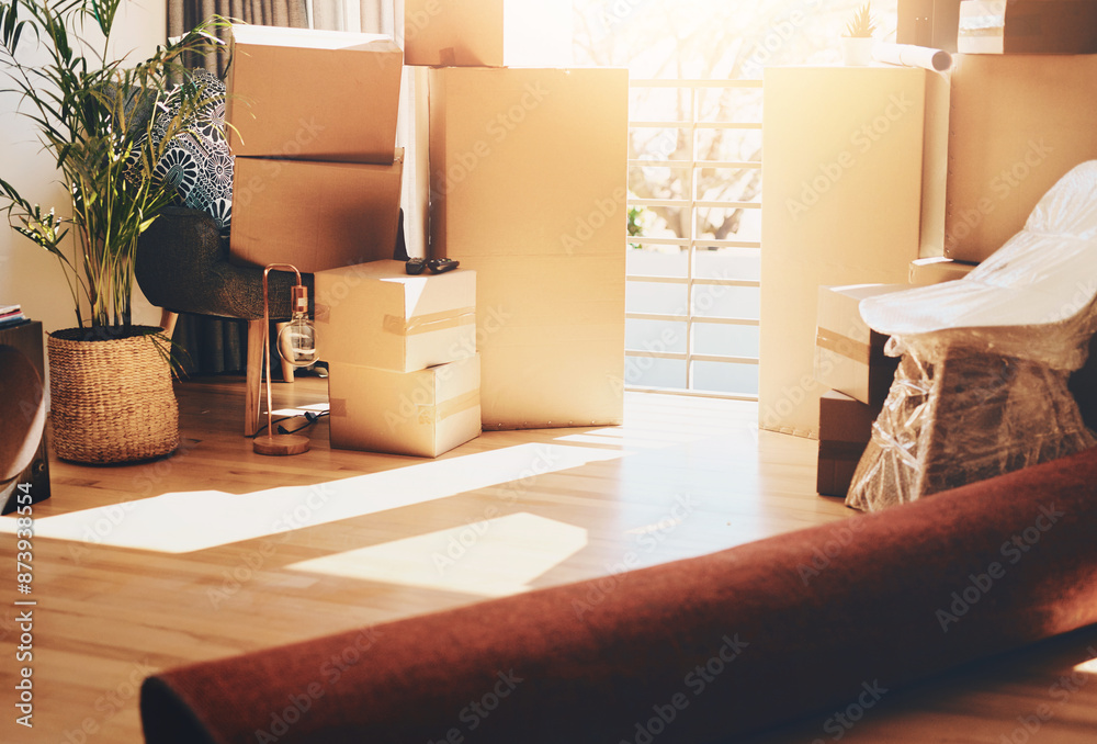 Boxes, interior and furniture in new home, real estate and property ...