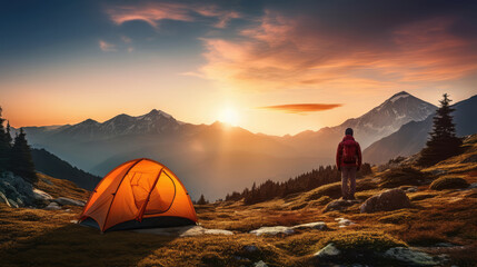 Wall Mural - One person and Tourist tent in the mountains at sunset., generative ai