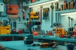 © Phuriphat - A blue power drill sits on a table in a cluttered workshop