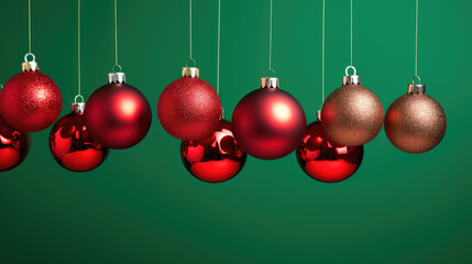 Wall Mural - Red Christmas balls over a green background,, generative ai