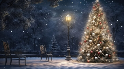 Wall Mural - Christmas tree sits in the park with snow and long chair at night, generative ai