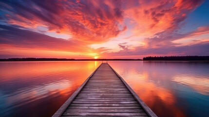 Wall Mural - Wooden pier on the lake at beautiful sunset. Dramatic sky., generative ai