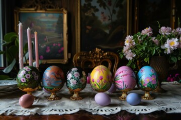 Ornate easter eggs on pedestals, accompanied by spring flowers and candles, set against a vintage backdrop