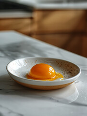 Sticker - A raw egg yolk on a marble countertop in a ceramic bowl