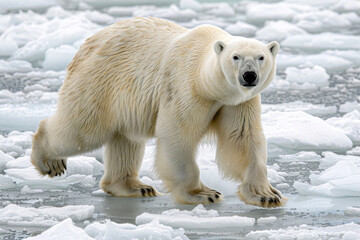 polar bear walking across icy terrain, with a powerful stride