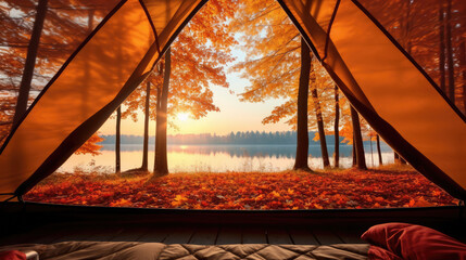 Wall Mural - Camping tent on the lake in autumn forest. View from inside., generative ai