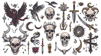 In the picture, there is a set of tattoo elements, including numerous skulls, weapons, and various decorative elements.