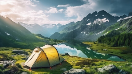 Wall Mural - Fantastic panoramic view of the mountain lake. Dramatic overcast sky. Camping tent concept., generative ai