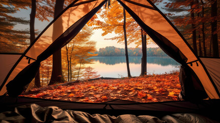 Wall Mural - Camping tent on the lake in autumn forest. View from inside., generative ai