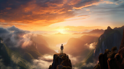 Wall Mural - Man standing on a top of a mountain with the sunrise., generative ai