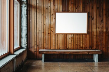 Blank white poster mockup on wooden wall in waiting room.