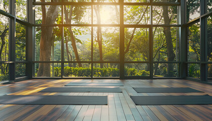 Empty clean yoga gym room studio interior with big windows mats on wooden floor. Place for yoga exercises group meditation practices retreats sessions background in natural forest garden area building