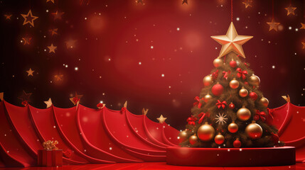 Wall Mural - Christmas podium with Christmas tree and balls on red background., generative ai