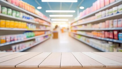 Wall Mural - Wood Surface Mockup in a Blurred Supermarket Aisle