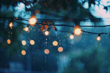 Wall Mural - Photo of string lights hanging in the rain, with blurred garden party background. Minimalist style.


