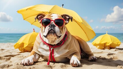 Wall Mural - Bulldog dog with sunglasses and yellow umbrella, lying on the beach. concept of travel, vacation, summer