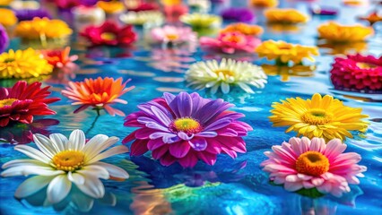 Poster - Colorful flowers floating gracefully in the water , aesthetic, serene, nature, peaceful, tranquil, beauty, vibrant, blooming