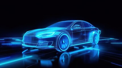 Wall Mural - A glowing blue digital holographic electric car on black background showcasing futuristic technology and eco friendly innovation