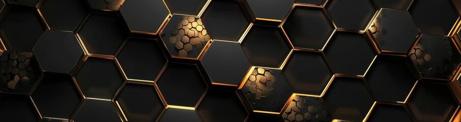 Poster - Dark 3D geometric texture illustration. Bright grid pattern. Pure black banner wallpaper, elegant design. A luxury hexagonal abstract black metal background with golden light lines.