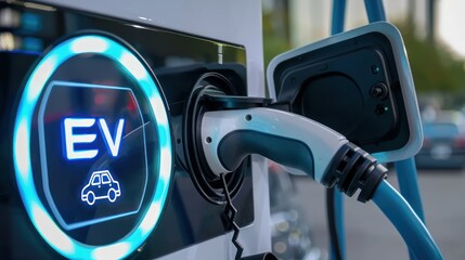 Wall Mural - A close up of an electric vehicle charging port with digital screen displaying the text EV illustrating modern electric vehicle technology