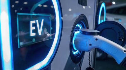 Wall Mural - A close up of an electric vehicle charging port with digital screen displaying the text EV illustrating modern electric vehicle technology